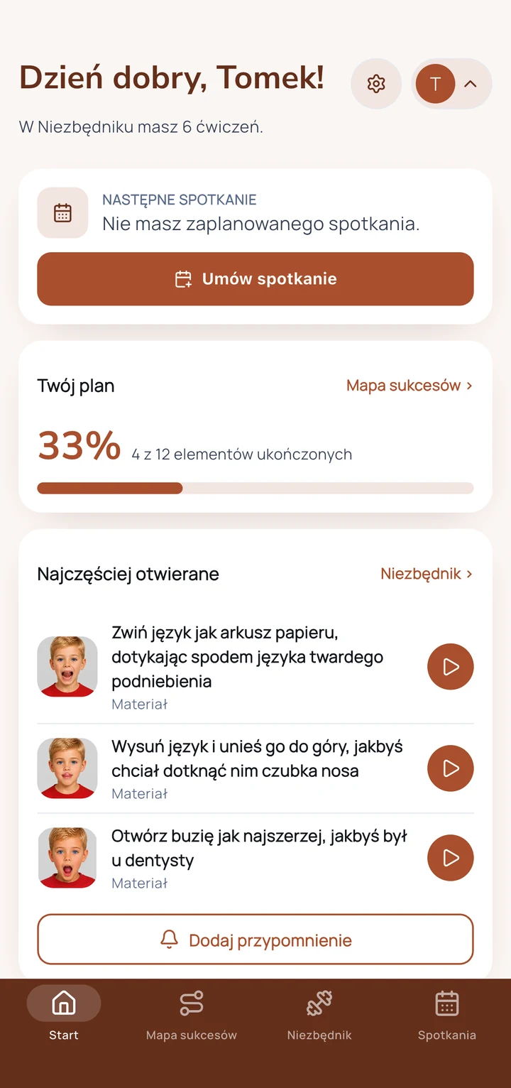 Aplikacja uczestnika zajęć: następne spotkanie, zakończona część planu i najczęściej otwierane ćwiczenia